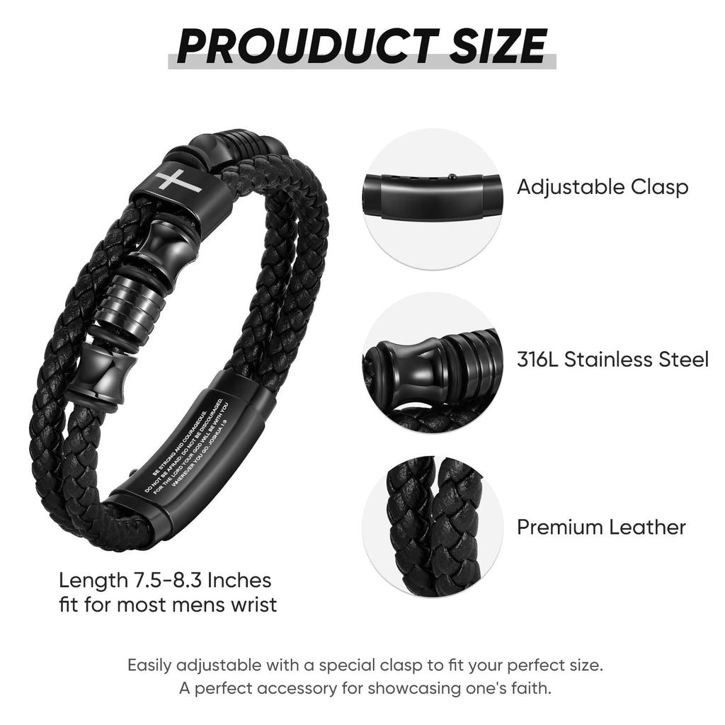 Christian Black Leather Bracelet for Men, Braided Leather Cross Adjustable