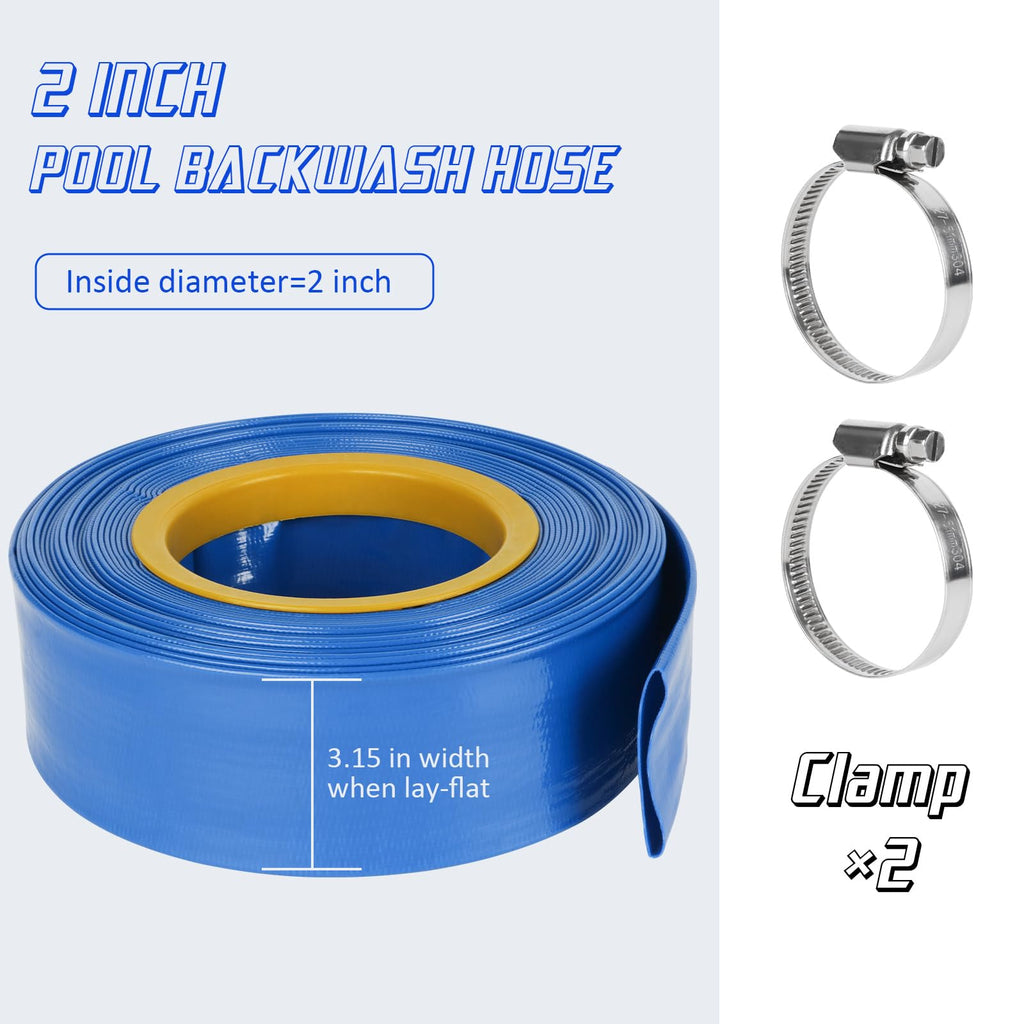 HOMNUTS Pool Backwash Hose 2 IN x 100 FT Blue Pool Pipes with Two Stainless Steel Clamps for Swimming Pool, Garden, Water Transfer