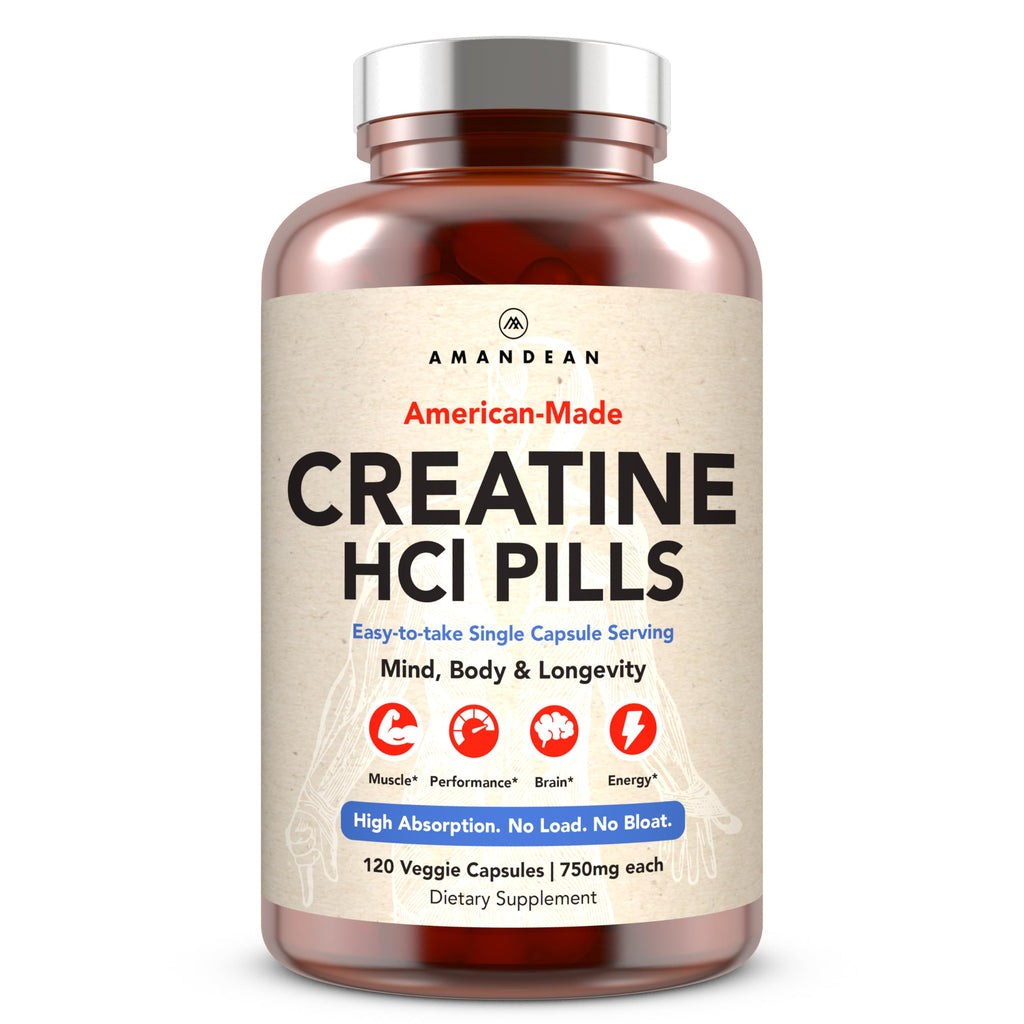 AMANDEAN Creatine HCl Pills. American Made CON-CRET. 120 Capsules. 7X Concentrated vs Monohydrate Powder. No Bloat. Muscle, Energy, Cognitive, Recovery Support for Men & Women. Gluten Free, Non-GMO.