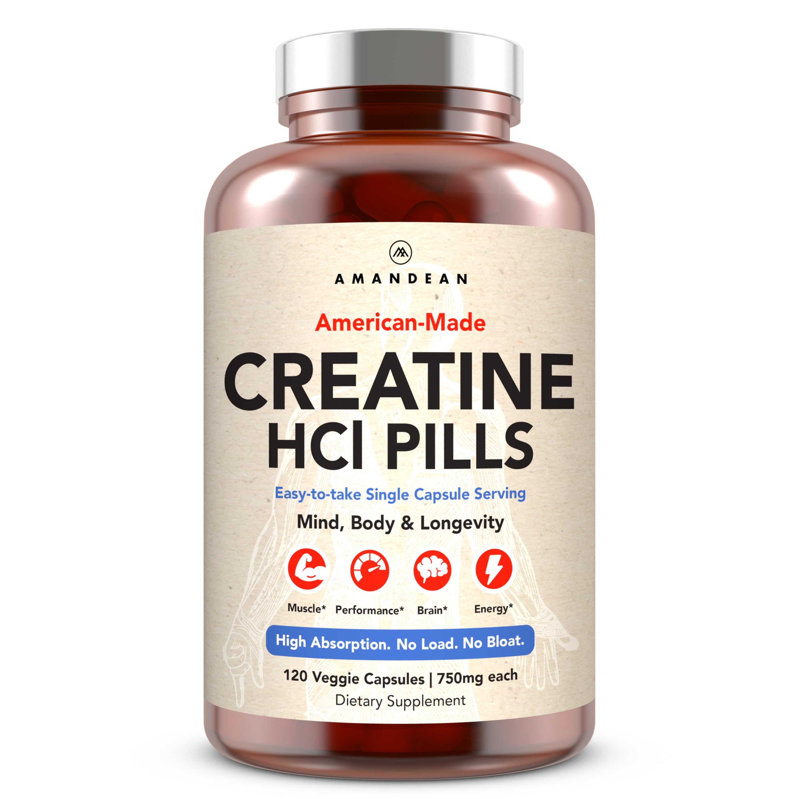 AMANDEAN Creatine HCl Pills. American Made CON-CRET. 120 Capsules. 7X Concentrated vs Monohydrate Powder. No Bloat. Muscle, Energy, Cognitive, Recovery Support for Men & Women. Gluten Free, Non-GMO.