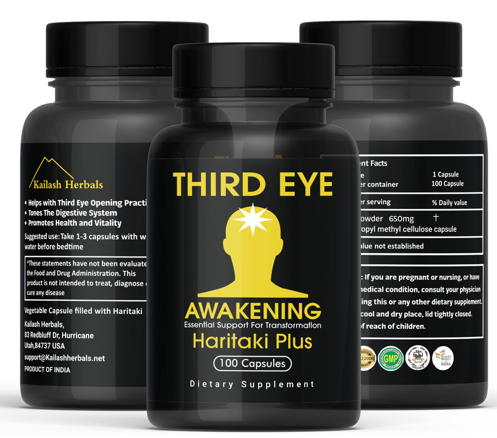 Kailash Herbals Third Eye Awakening – Organic Haritaki Capsules (Terminalia Chebula) – 650 mg – 100 Vegan Capsules – Ayurvedic Herbal Supplement