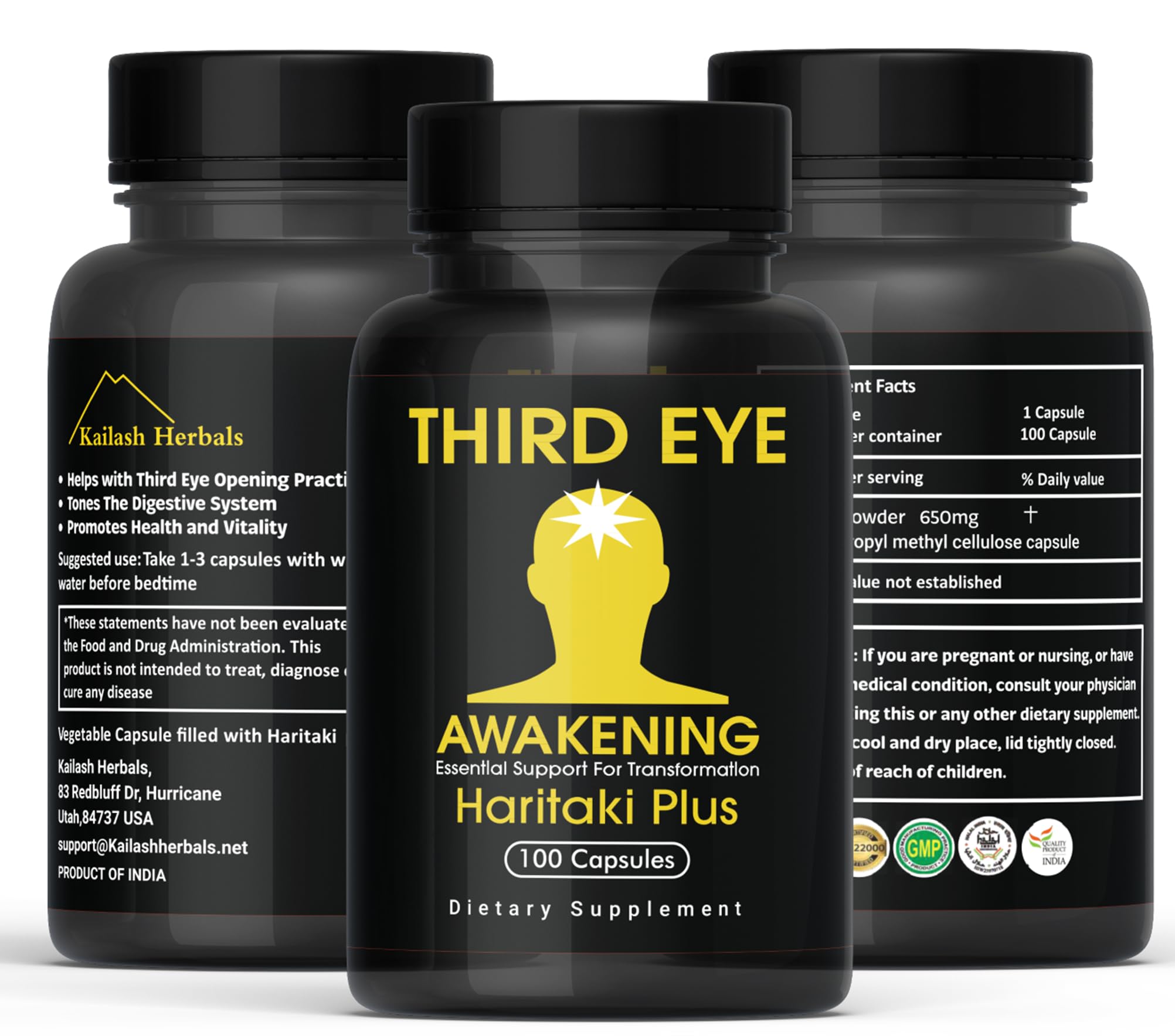 Kailash Herbals Third Eye Awakening – Organic Haritaki Capsules (Terminalia Chebula) – 650 mg – 100 Vegan Capsules – Ayurvedic Herbal Supplement