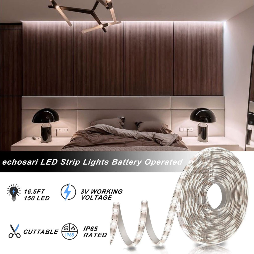 echosari Strip Lights Battery Operated, 16.5Ft 150 LED 2835 SMD Closet Strip Lights with Remote for Bedroom, Kitchen, Cabinet Décor (Cool White)