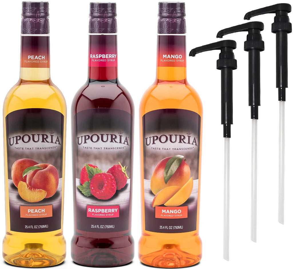 Upouria Coffee & Tea Syrup Variety Pack, Raspberry, Mango, and Peach Flavoring, 100% Vegan, Gluten-Free, Kosher, 750 mL Bottles with 3 - Coffee Syrup Pumps