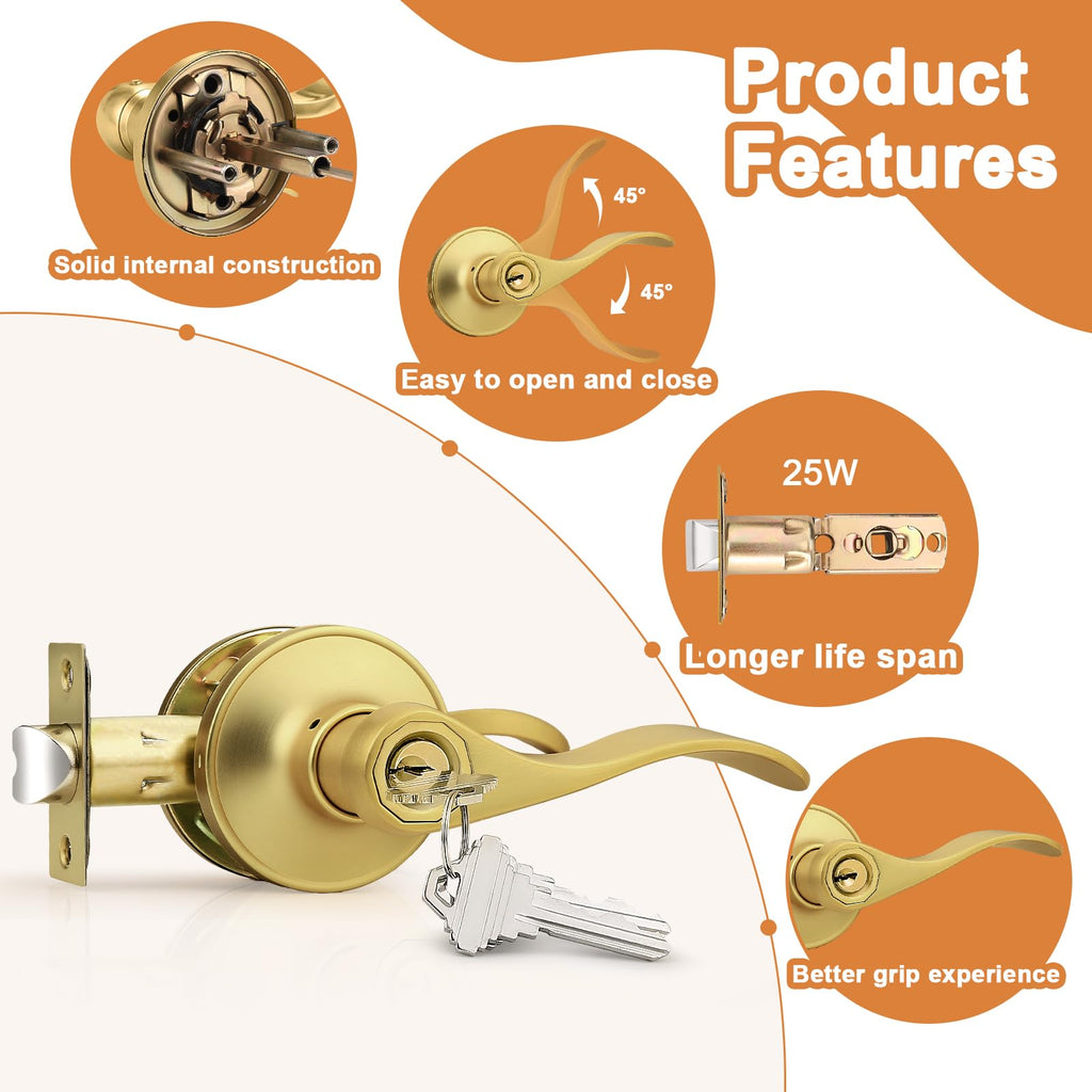 Probrico Brushed Gold Door Handles Front Exterior Door Handles with Lock and Keys, Keyed Alike Gold Entry Door Lever Wave Style Reversible, 5 Pack
