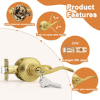 Probrico Brushed Gold Door Handles Front Exterior Door Handles with Lock and Keys, Keyed Alike Gold Entry Door Lever Wave Style Reversible, 5 Pack