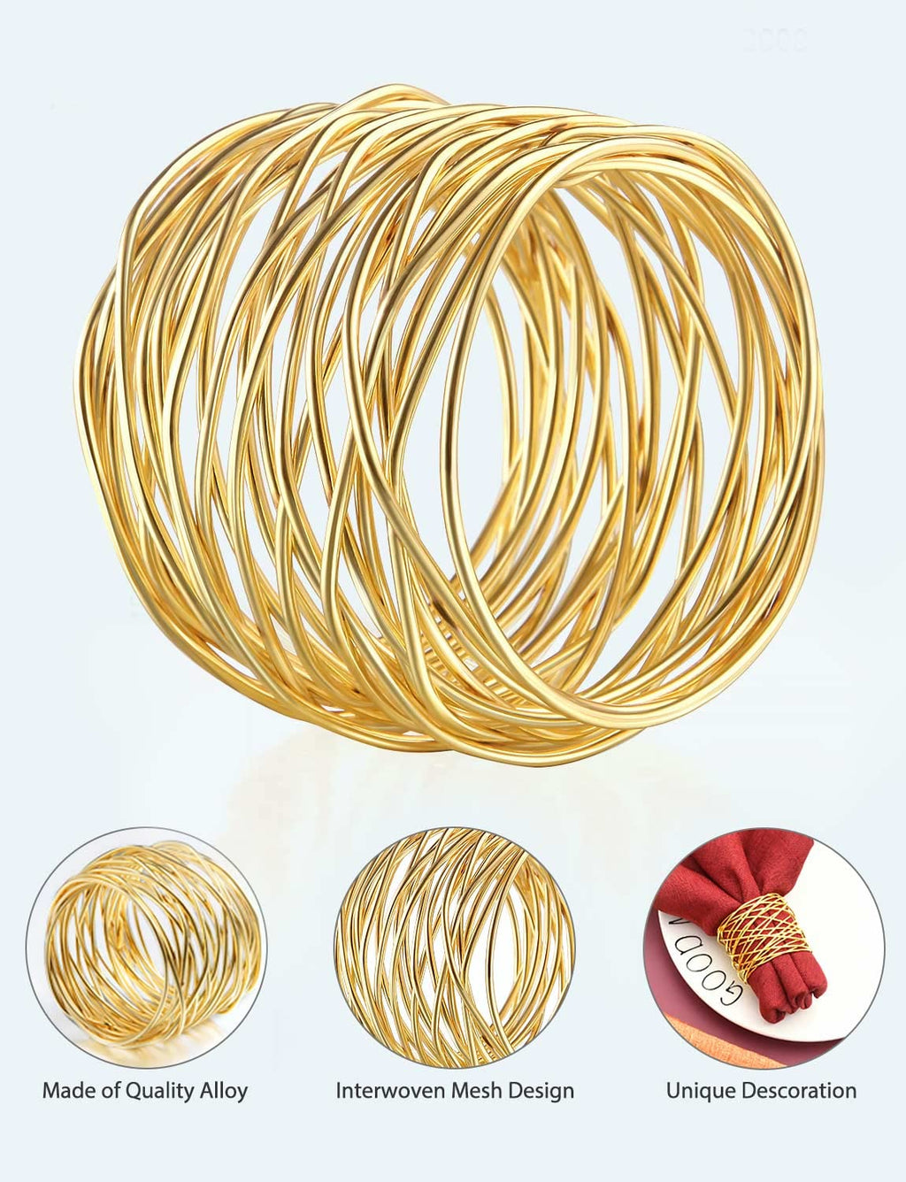 URWOOW Twisted Wire Mesh Napkin Rings Holders Décor Dinner Party Wedding Christmas Gathering (Gold 12pcs)