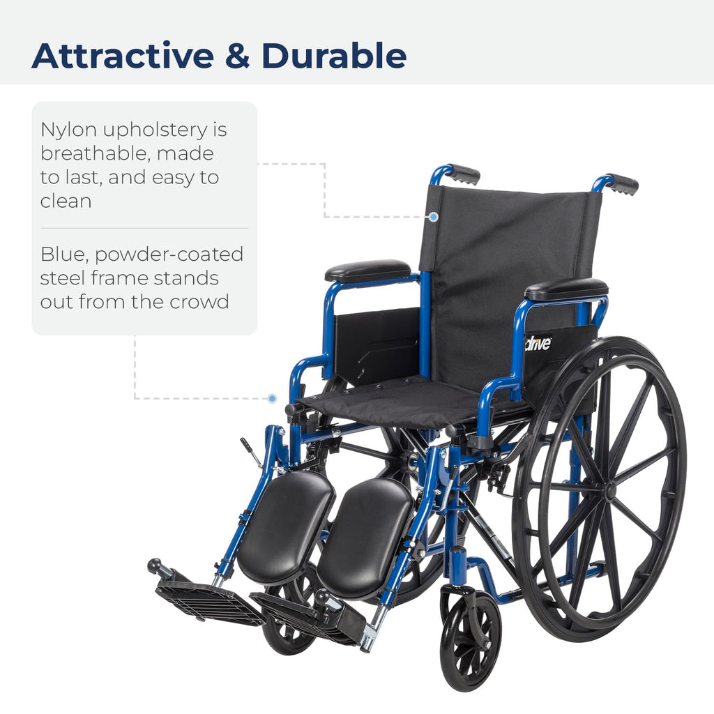 Drive Medical Blue Streak Lightweight Foldable Wheelchair - Enhanced Mobility Support - Durable Construction - Padded Comfort - Swing-Away Leg Rests - Desk Arms - Blue/Black - 20 Inch Seat