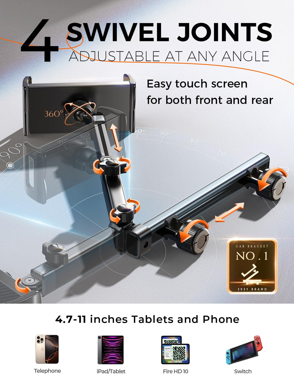 LISEN iPad Holder for Car Tablet Mount, 4 in 1 Adjust Arm Back Seat Stand