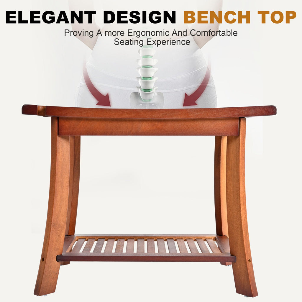 Jekruiet Teak Shower Chair Stool, 24" Shower Bench Seat, Wooden Bathroom Bench with Storage Shelf for Indoor & Outdoor Use