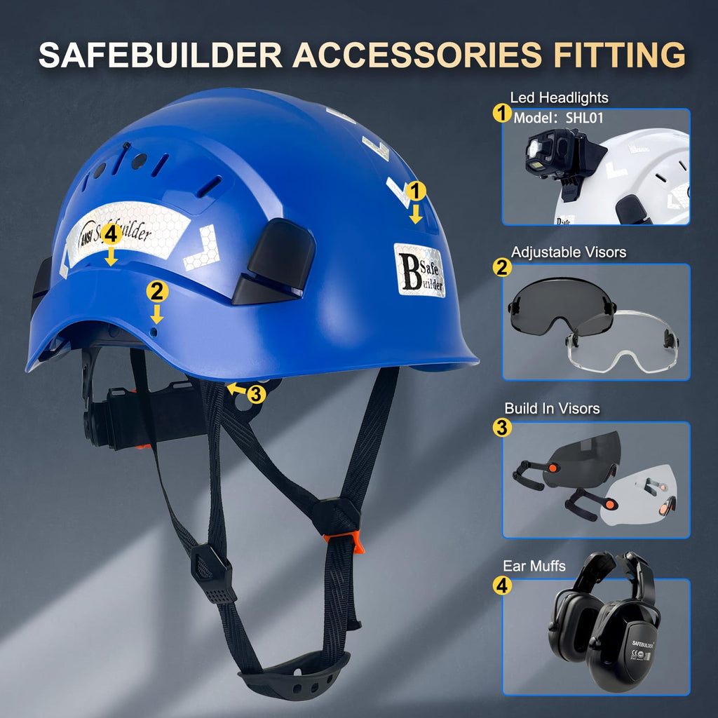SAFEBUILDER ABS Work-at-Height and Rescue Hard Hat Slotted Ventilated Construction Safety Helmet w/Adjustable Ratchet 6-Point Suspension ANSI Z89.1-14 (Blue Safety Helmet)