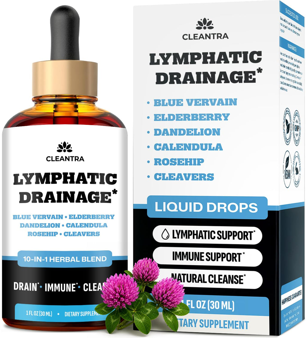 Cleantra Lymphatic Drainage Drops - Supplement for Lymphatic Support & Detox - 10-in-1 Herbal Blend Cleanse Complex with Burdock, Dandelion, Elderberry - 2 fl oz