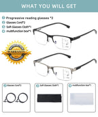 Multifocus Reading Glasses Men Progressive Multifocal Blue Light Computer Reader Half Frame Metal Extra Wide Eyeglasses No Line Bifocals Large Designer Cheaters Transition Square Eyewear 2packs 1.75