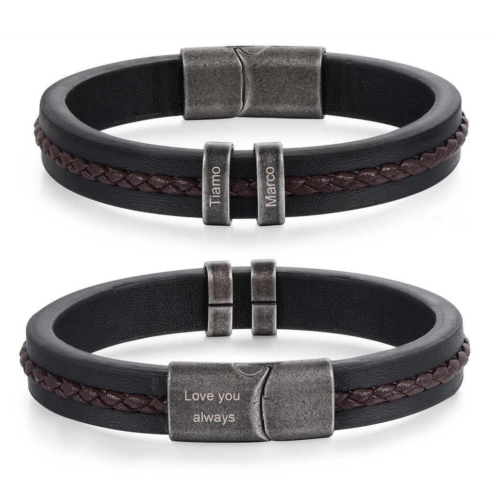 Personalized Custom Name Bracelets for Men - Mens Leather Bracelet with 2-5 Kids Names Customized Gifts for Dad Husband Son (2 names)
