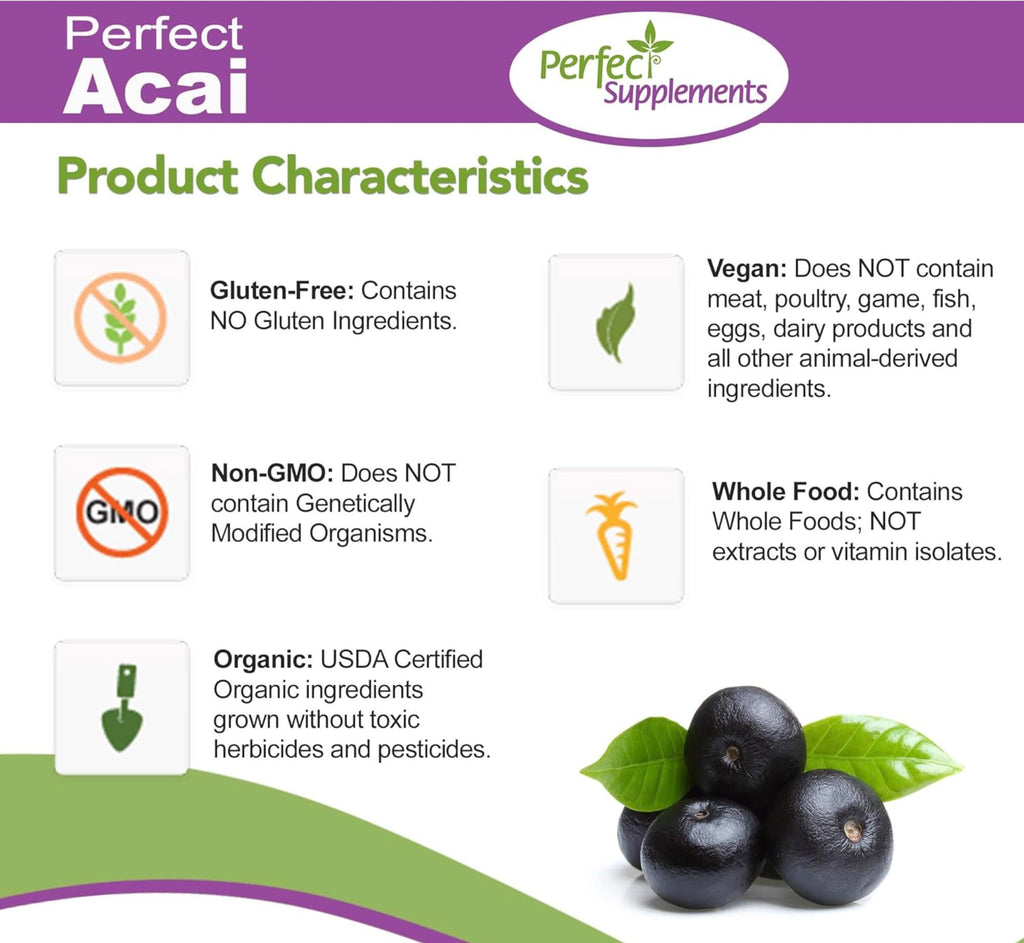 Perfect Supplements – Organically Grown Perfect Acai - Freeze-Dried Acai Supplement– 120 Vegetable Capsules