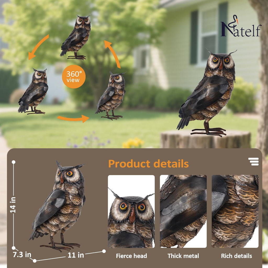Natelf Outdoor Metal Brown Standing Owl Garden Statue for Patio Yard Decor