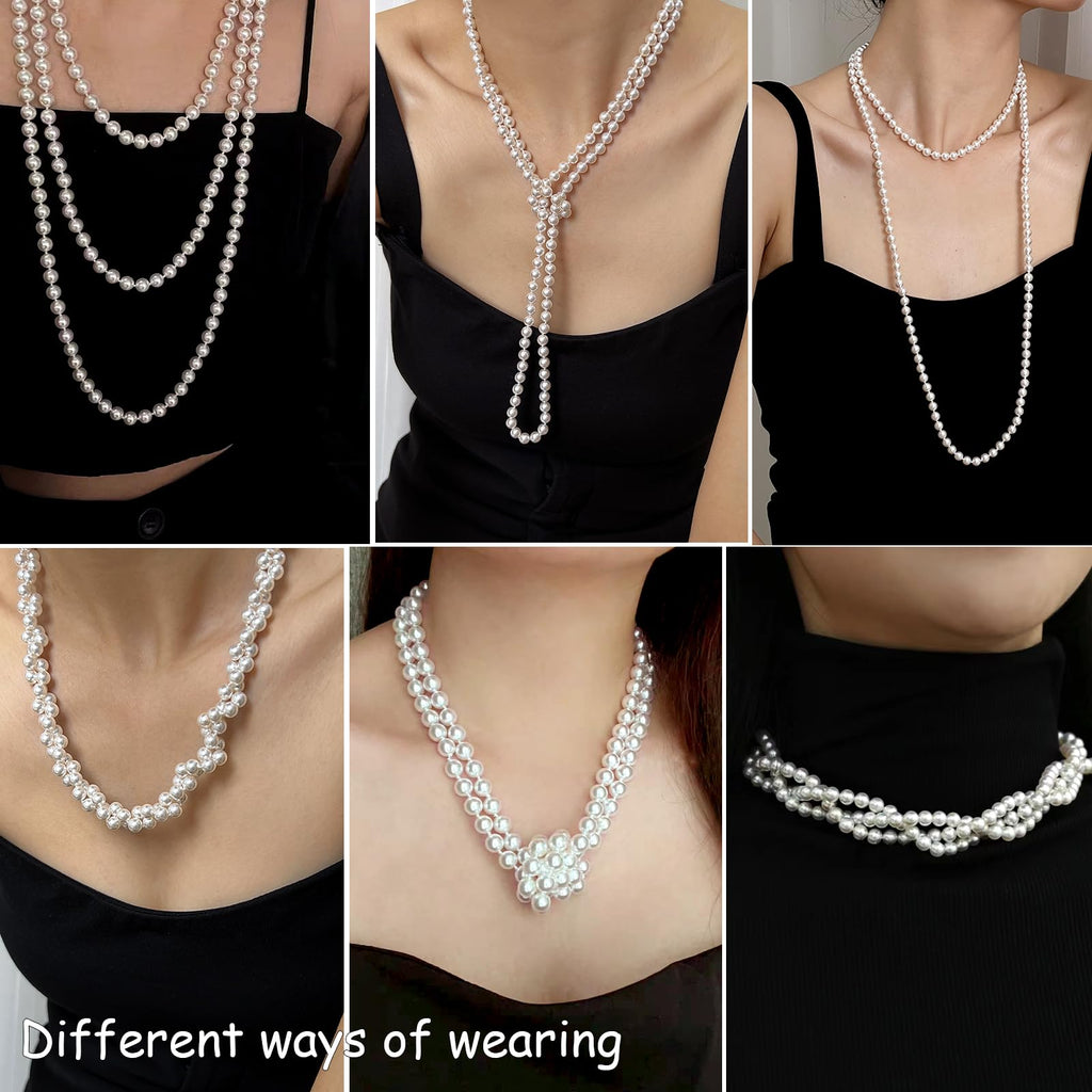 Zeffy Long Pearl Necklaces for Women Layered Faux White Pearl Beads Strand Layered Necklace Bridal Wedding Party 1920s Gatsby Costume Jewelry