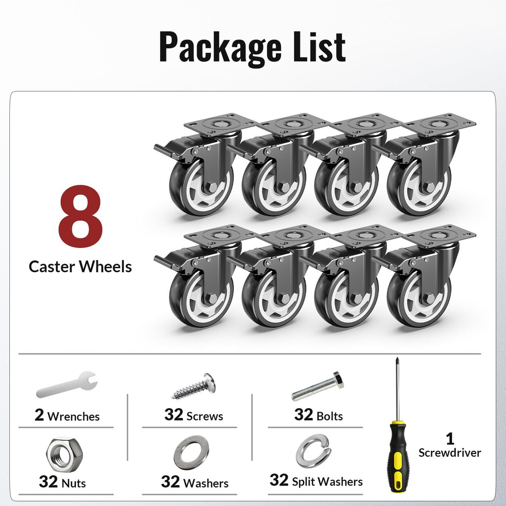 4 inch Heavy Duty Caster Wheels, Set of 8 Swivel Casters with Safety Dual Locking, 2400 lbs Total Capacity, Noiseless Polyurethane Wheels for Workbench, Cart, Industrial (Screws Included)