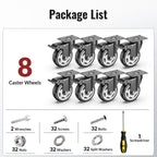 4 inch Heavy Duty Caster Wheels, Set of 8 Swivel Casters with Safety Dual Locking, 2400 lbs Total Capacity, Noiseless Polyurethane Wheels for Workbench, Cart, Industrial (Screws Included)