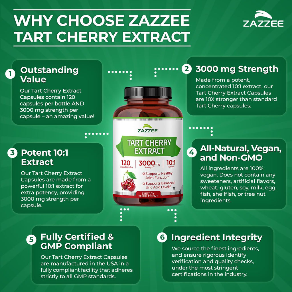 Zazzee Tart Cherry 10:1 Extract, 3000 mg Strength, 120 Vegan Capsules, 4 Month Supply, Certified Kosher, Concentrated and Standardized 10X Extract, 100% Vegetarian, All-Natural, Gluten Free, Non-GMO