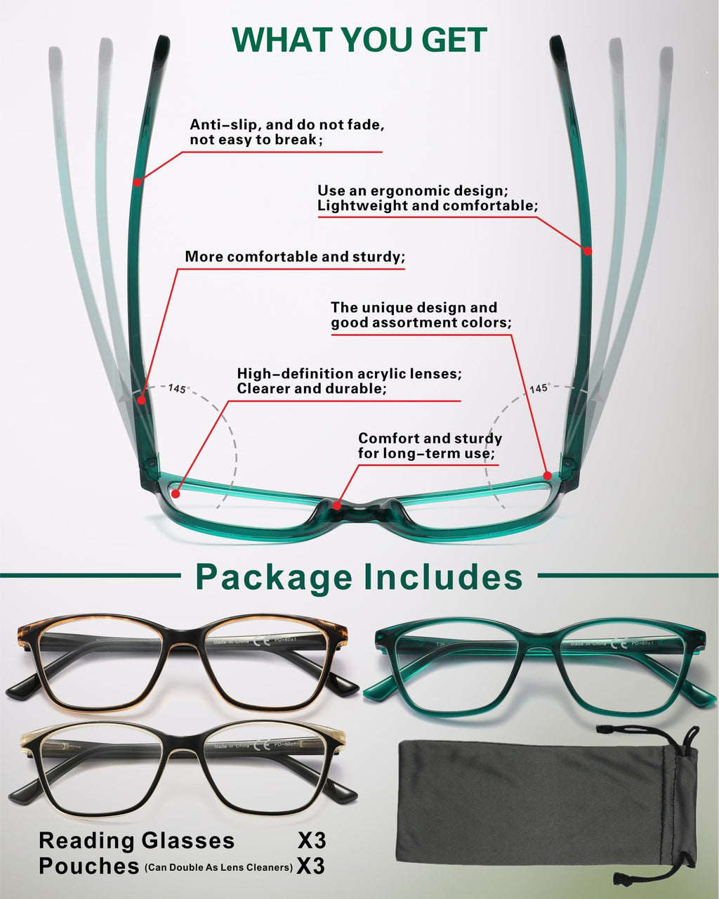 STARTONYOU Reading Glasses for Women, 3-Pack Blue Light Computer Eyeglasses, Cat-Eye Fashion Full Frame with Spring Hinge Ladies Readers +1.5diopter