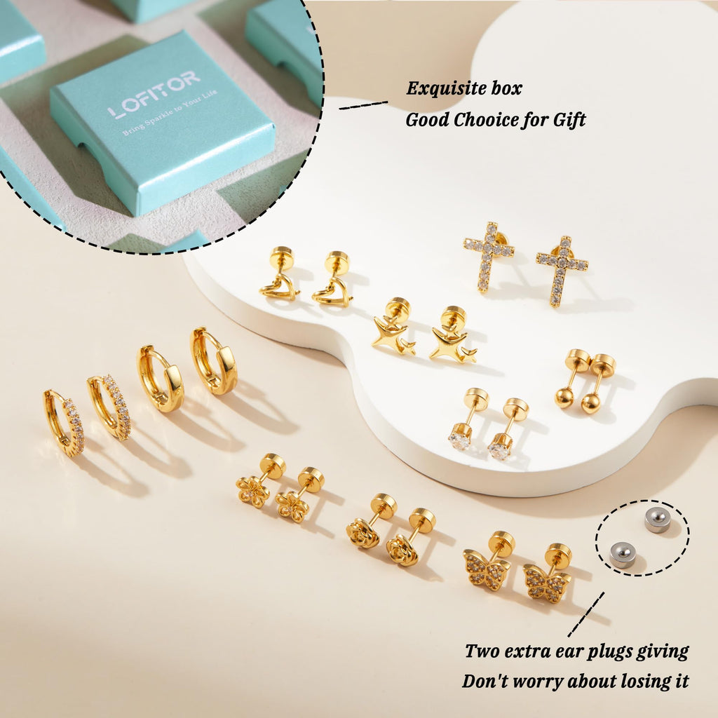 LOFITOR Hypoallergenic Surgical Steel Flat Back Earrings For Women Girls