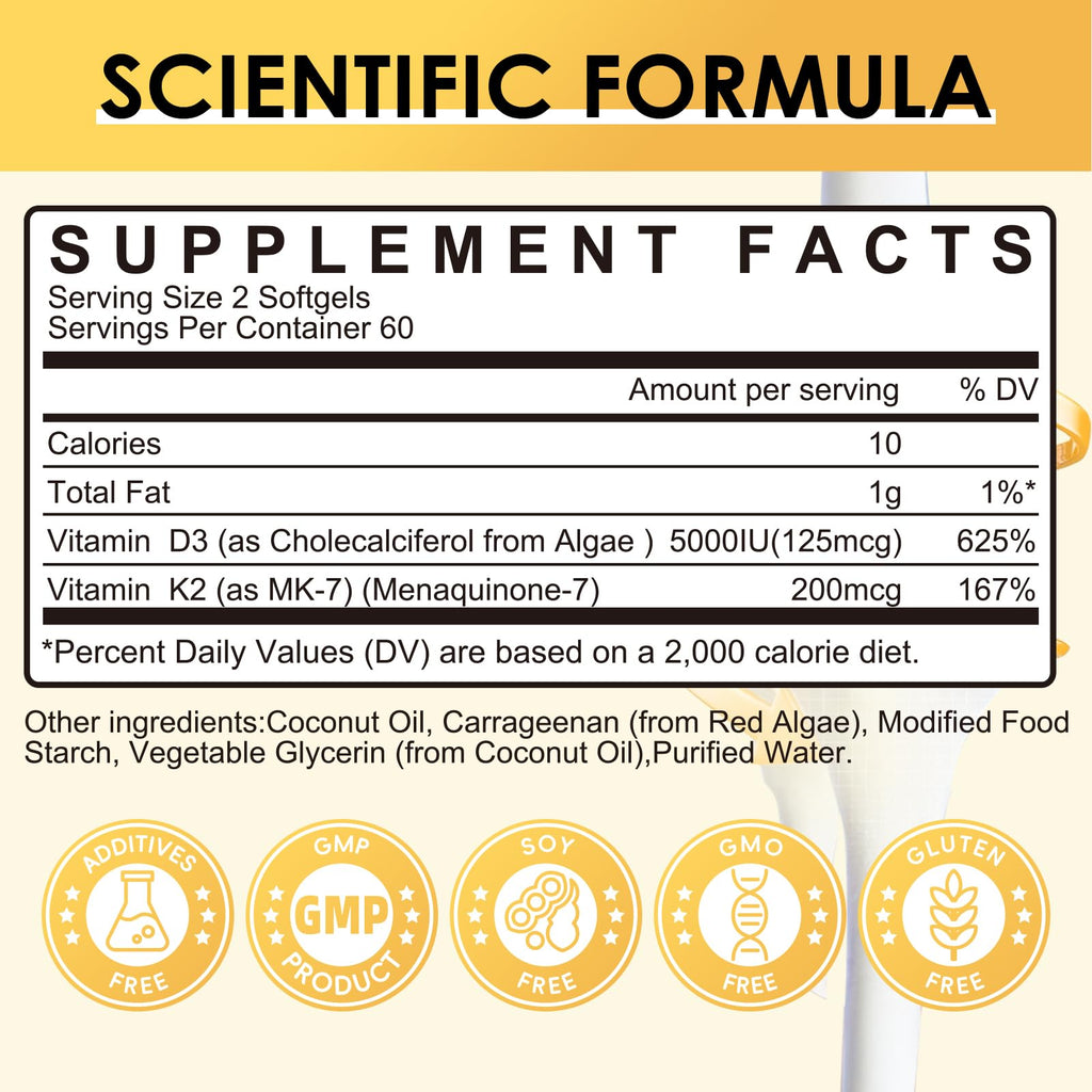 Vitamin D3 K2 Supplement with Vitamin D3 5000 IU, 200 mcg Vitamin K2 MK-7 & Natural Coconut Oil, Plant Based 2-1 Formula for Bone, Teeth, Muscle and Immune Health Support,120 Softgel Capsules