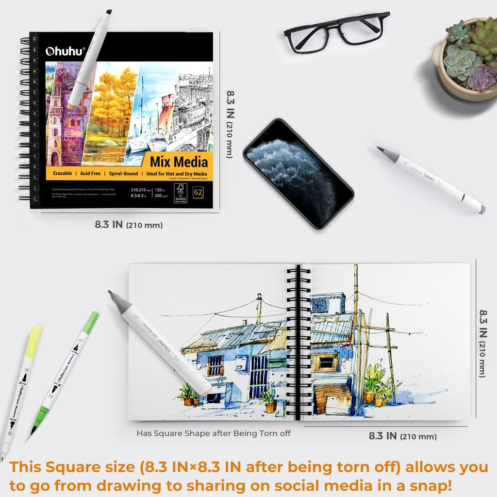 Ohuhu 8.3"x8.3" Mix Media Pad Art Sketchbook 62 Sheets for Painting Drawing