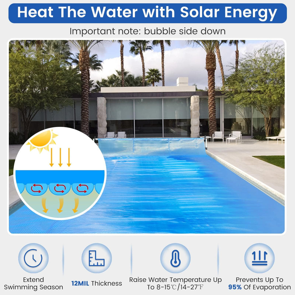 Goplus Pool Cover, 12 x 24 FT Solar Blanket 12 Mil with Carrying Bag for In-Ground and Above-Ground Swimming Pools, Rectangle Hot Tub SPA Thermal Blanket, Blue Bubble