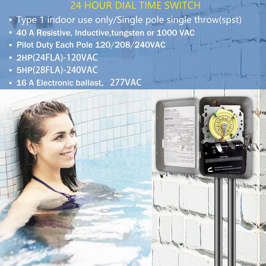 T101 Mechanical Timer Switch, T101 Pool Timer, 120V 2HP SPST 40A Time Switch, 24 Hour 12 ON/Off for Pool Pump, Heavy-Duty Mechanical Time Switches, for Lights Pumps HVAC Systems, 5 Years Warranty