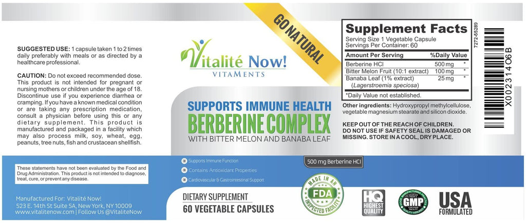 Vitalité Now! High Strength Berberine 500mg + Bitter Melon & Banaba - Immune System Health - Cardiovascular & Gastrointestinal Support - 60 Vegetarian Capsules