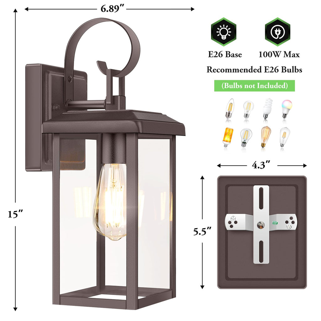 BesLowe 2-Pack Outdoor Wall Light Fixtures, 15" Exterior Lighting Fixtures Wall Mount, Waterproof Porch Lights Outdoor Wall Sconces Lanterns, Modern Outside Lights for House Front Door Garage, Brown