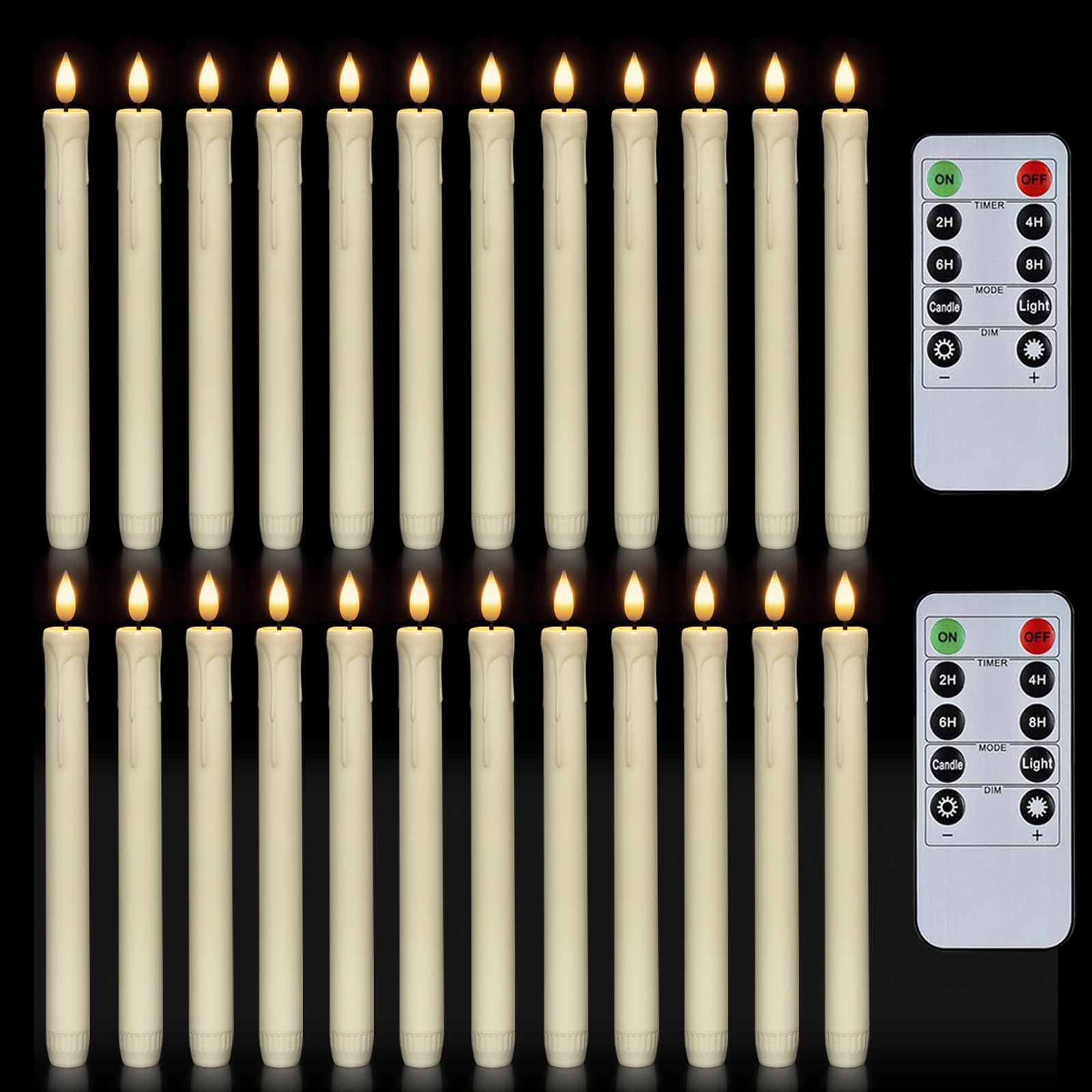 Homemory 24 Pcs Flameless Taper Candles with Remote, Timer, Plastic Battery Operated CandleSticks, Ivory Led Window Candles with Flickering Light, 9.6 Inches for Christmas Home Wedding Decor
