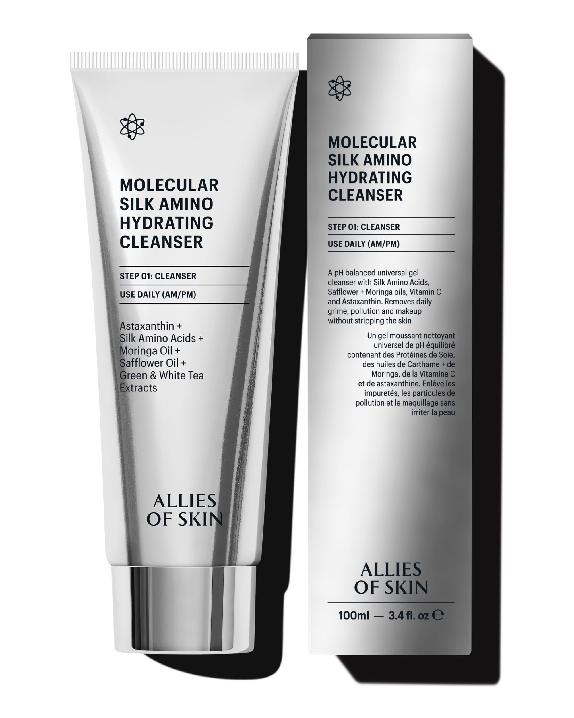 Allies of Skin Hydrating Silk Amino Face Cleanser | Gentle Daily Face Wash with Vitamin C, Astaxanthin & Moringa Oil | Moisturizing and Silky Soft for Dry and Sensitive Skin, 3.4 fl oz