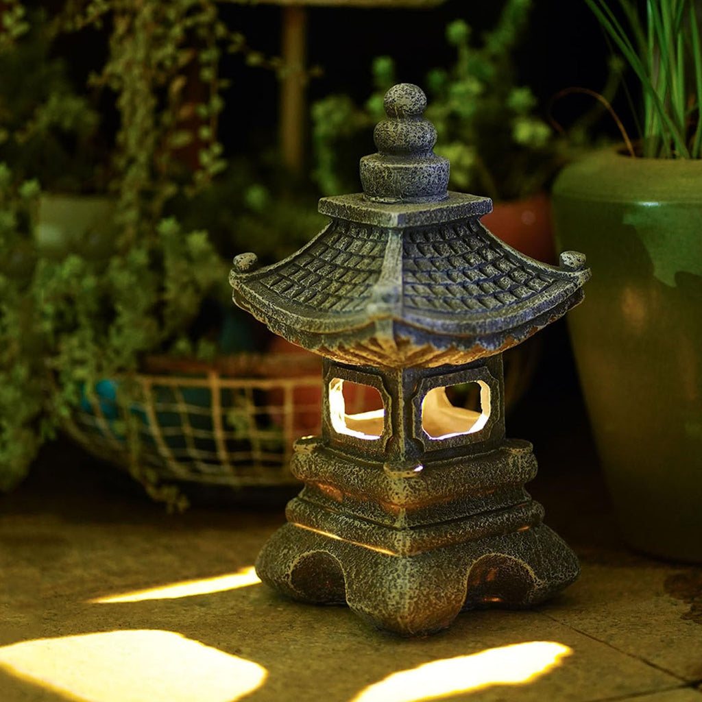 Solar Pagoda Lantern Garden Statue Japanese Zen Lantern Outdoor Decor with LED Light for Landscape Balcony Patio Porch Yard Art Ornament