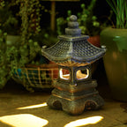 Solar Pagoda Lantern Garden Statue Japanese Zen Lantern Outdoor Decor with LED Light for Landscape Balcony Patio Porch Yard Art Ornament