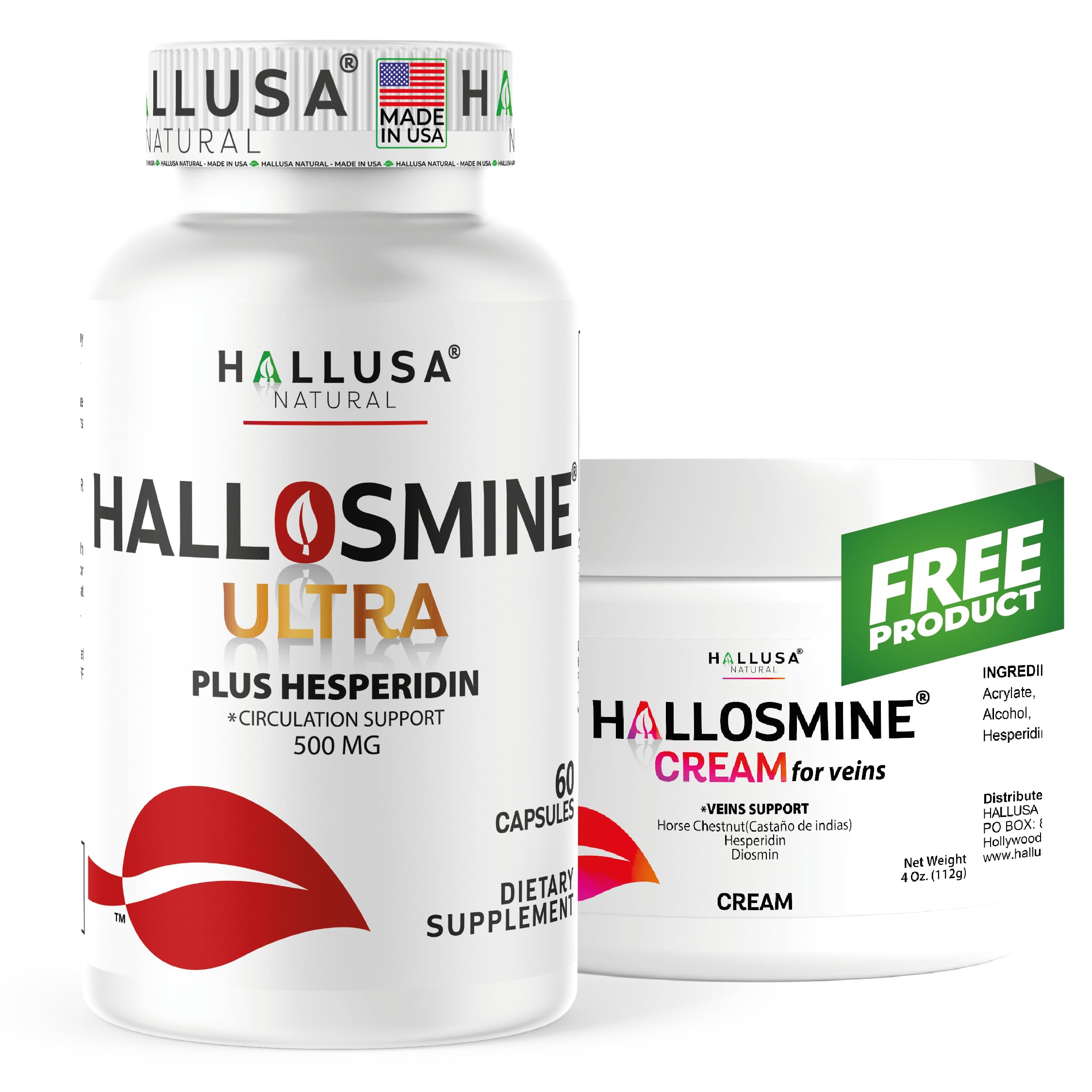 Hallusa Natural Hallosmine Ultra 650mg Diosmin Hesperidin + Bonus Leg Cream, High Potency Circulation & Vein Support Supplement, Varicose Veins, Spider Veins, Hemorrhoids, Blood Flow, 60 Capsules