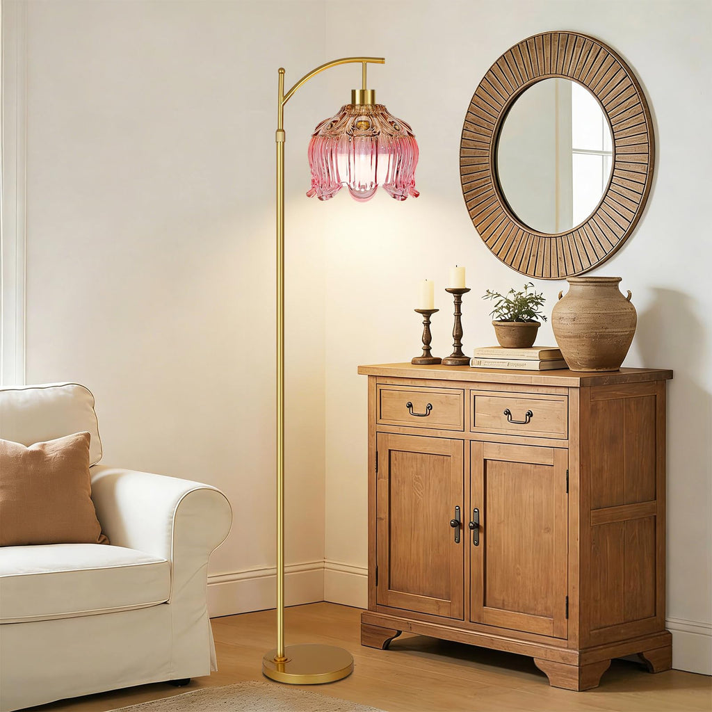 ILLMTW Pink Floor Lamp for Living Room,Bedroom,Glass Mid Century Modern Standing Lamp with Remote,Dimmable Gold Brass Tall Lamp Tulip Flower Arc Floor Light Boho Bohemian