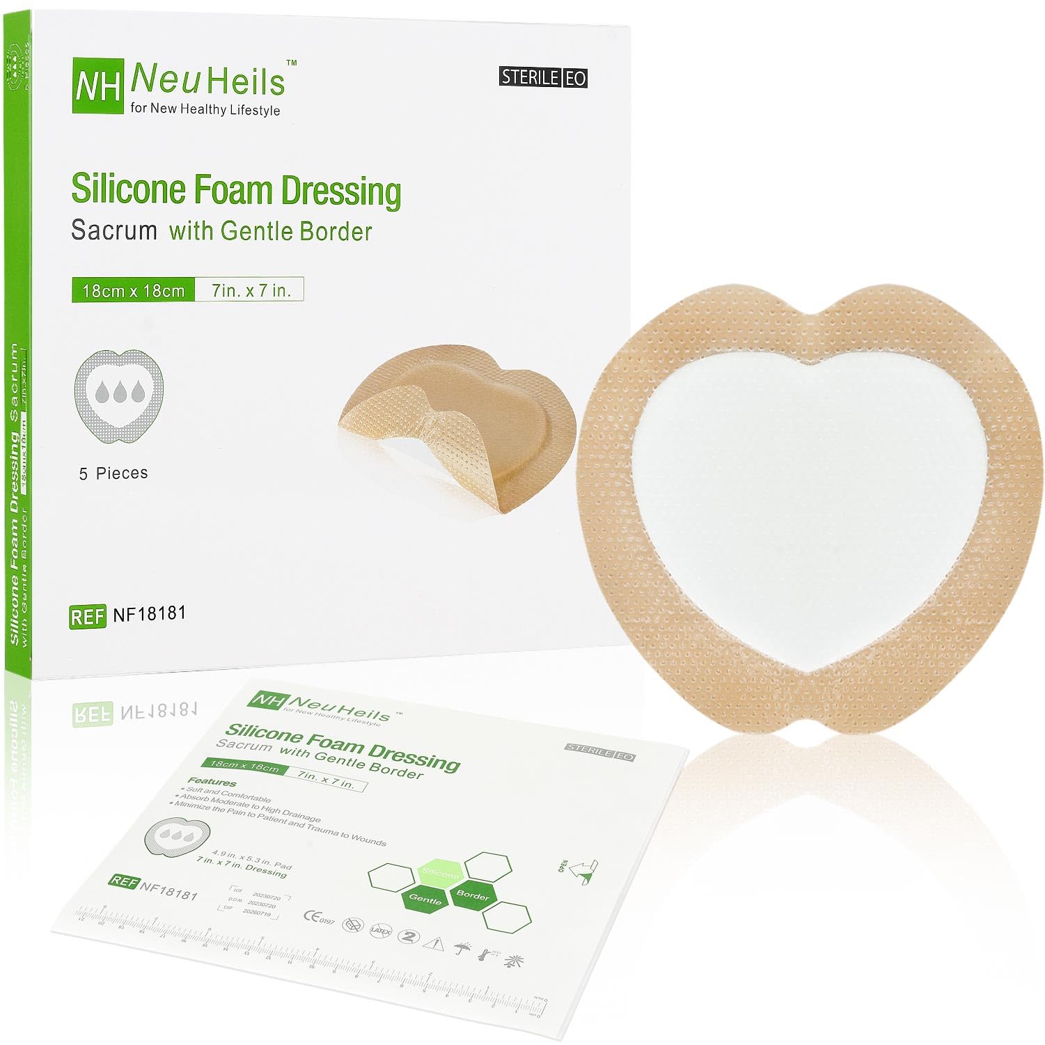 Sacrum Silicone Foam Dressing with Gentle Border for Sacral Ulcer, Pressure Ulcer, Butt Bed Sore, Size 7''x7'' (4.9''x5.3'' Pad), 5 Pack, High Absorbency Silicone Adhesive Wound Bandage by NeuHeils