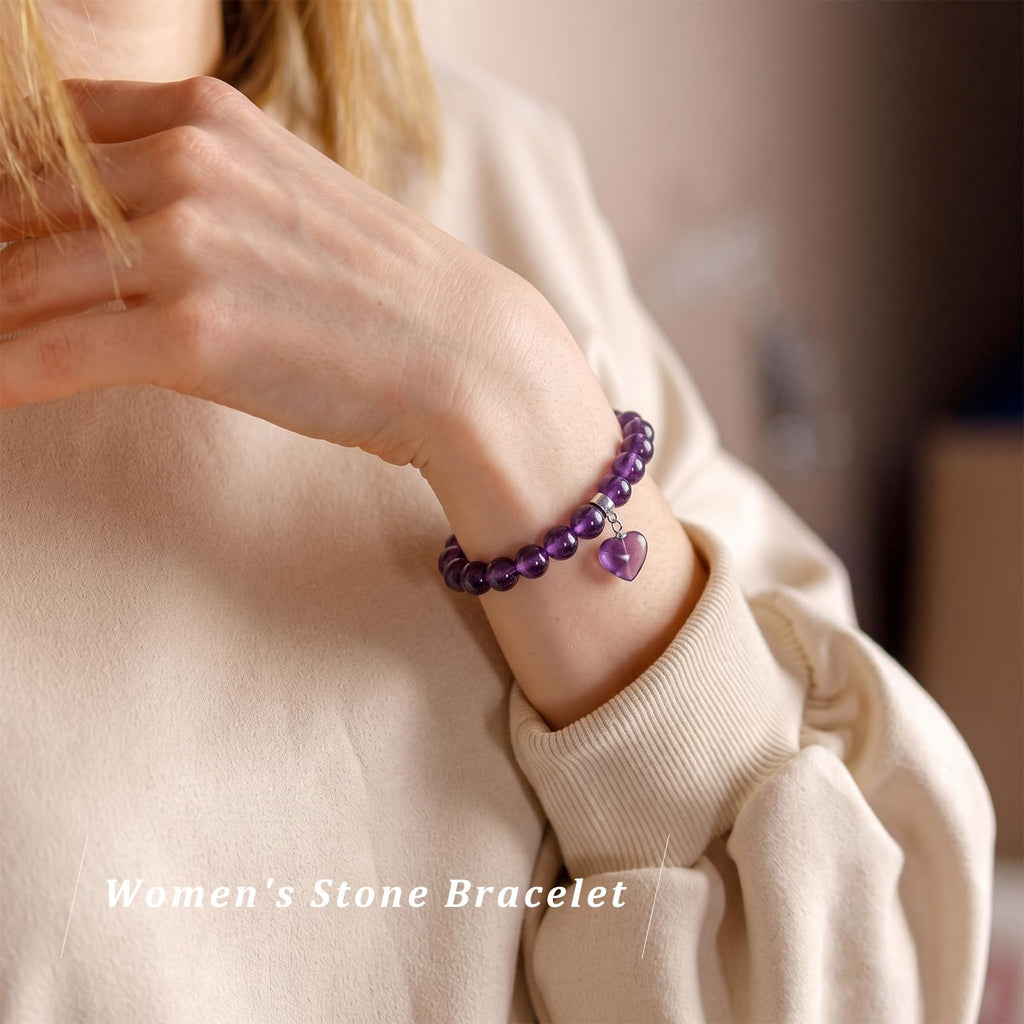 TUMBEELLUWA Purple Amethyst Healing Crystal Bracelet with Heart Charm