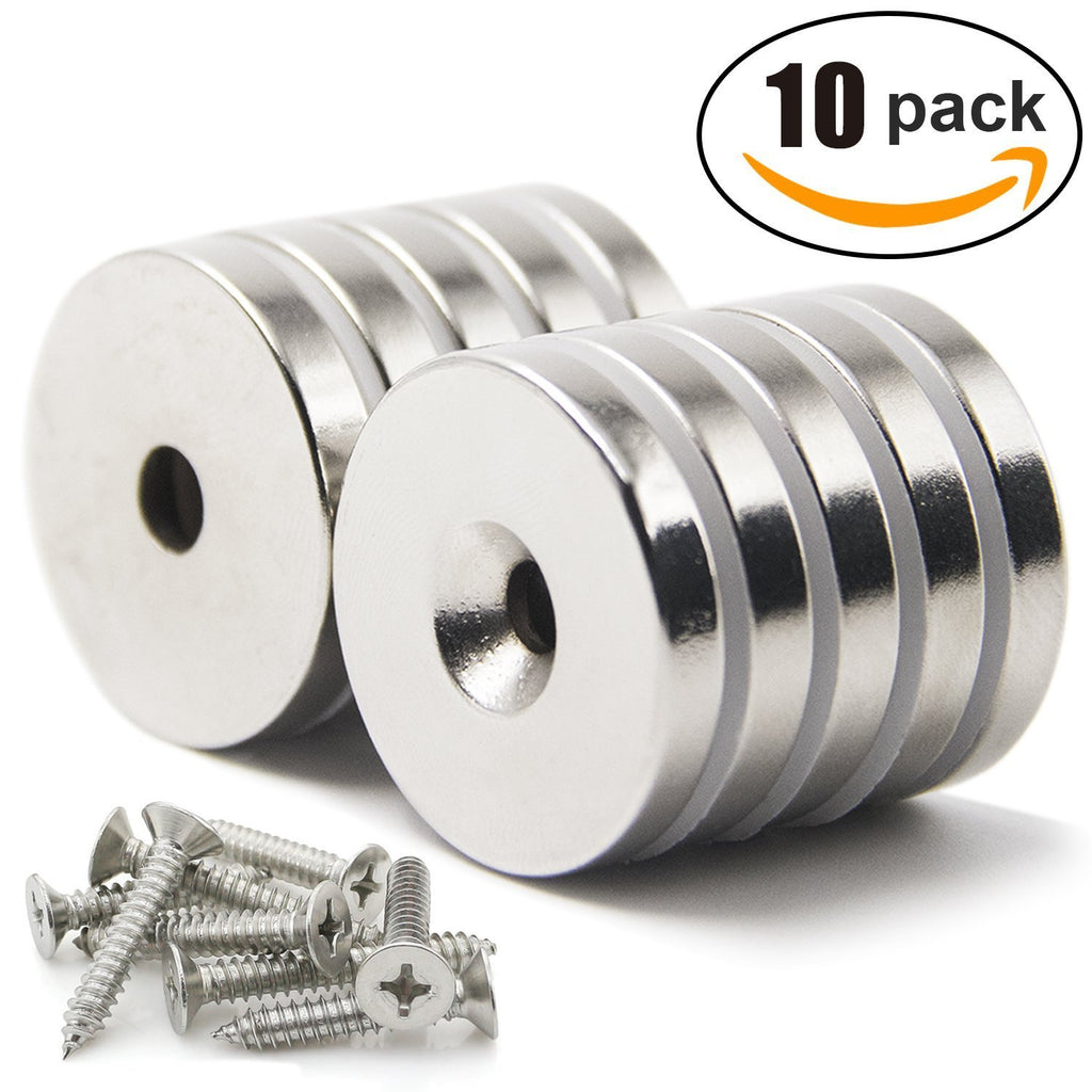 DIYMAG Neodymium Magnets with Hole,30LB Pulling Force Strong Permanent Rare Earth Countersunk Hole Magnet with 10 Screws for Refrigerator,Cruise,Curtain,DIY,Science-1.26 inch x 0.2 inch, Pack of 10