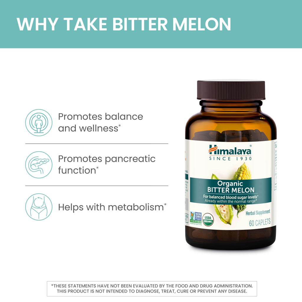 Himalaya Organic Bitter Melon - Herbal Glucose Metabolism Support - USDA Organic, Non-GMO, Vegan, Gluten Free, Additive Free, 660 mg, 60 Caplets