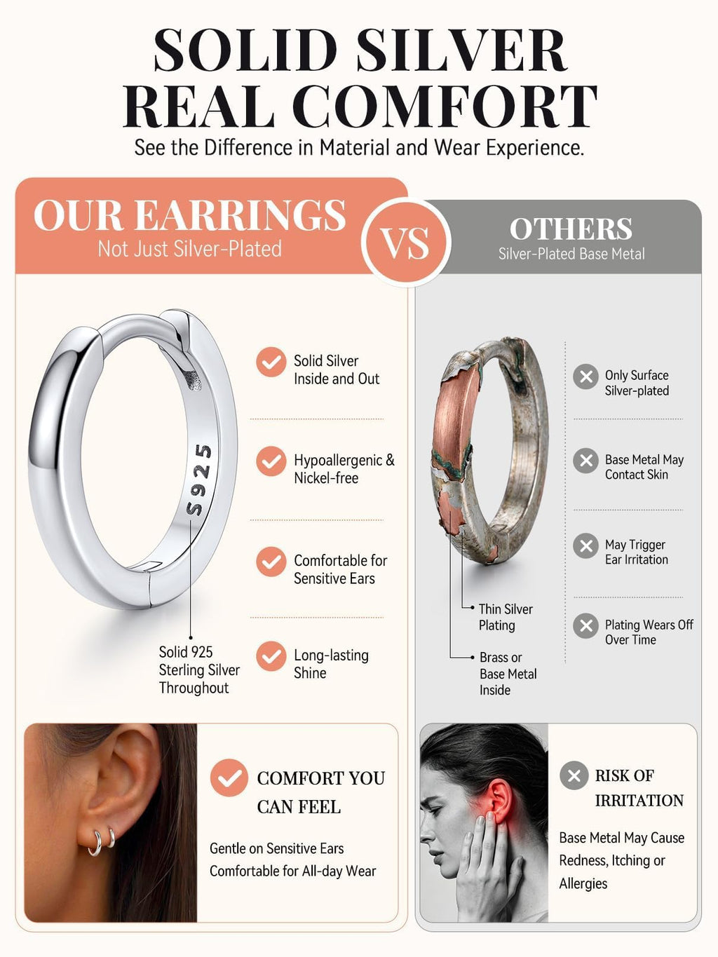 FaithHeart Solid 925 Sterling Silver Huggie Hoop Earrings for Women, 8mm