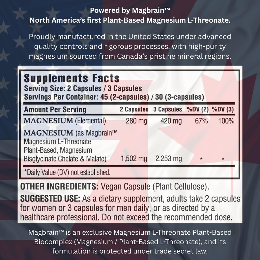 Kappa Nutrition Powered by Magbrain™ Magnesium L-Threonate Plant-Based, 90 Vegan Capsules, 420mg Elemental Magnesium (3 Capsules) from 2,253mg, Brain, Sleep & Muscle Support.
