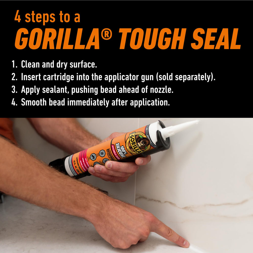 Gorilla 100% Silicone Caulk, Kitchen & Bath Sealant, 10oz Cartridge, Clear