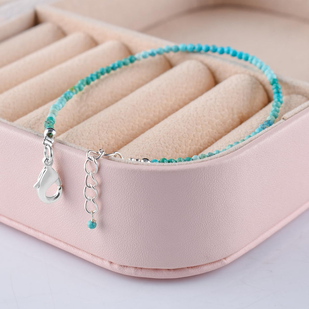 YANARA Real Turquoise Bracelet For Women Genuine Gemstone, Natural December Birthstone, Handmade Simple Bracelet, Gorgeous Micro Beads Chakra Jewelry, Crystals Silver Plated Chain 8 inch
