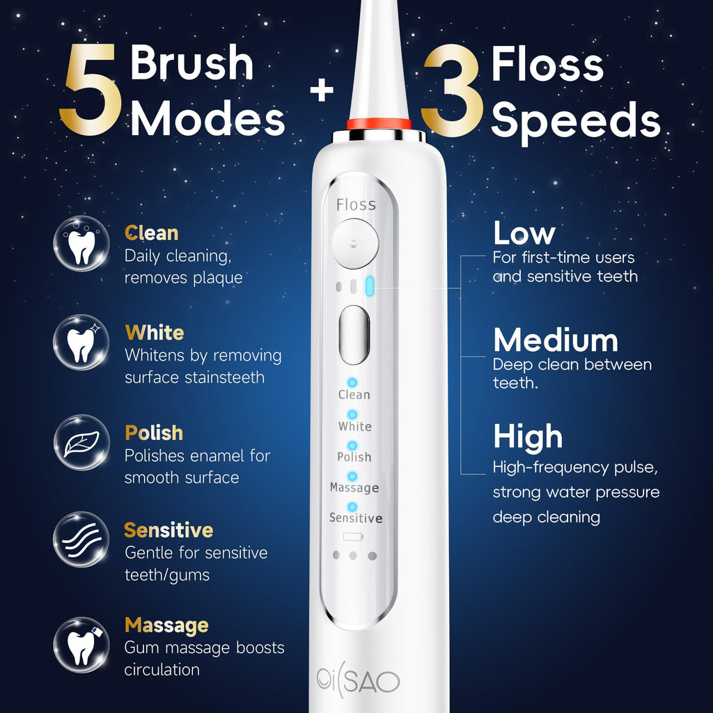 OILSAO Electric Toothbrush with Water Flosser Combo in One, Professional Flossing Toothbrush for Teeth Cleaning and Flossing, Plaque Removal, Rechargeable,5 Brush Modes & 3 Flossing Speeds,500ML,White