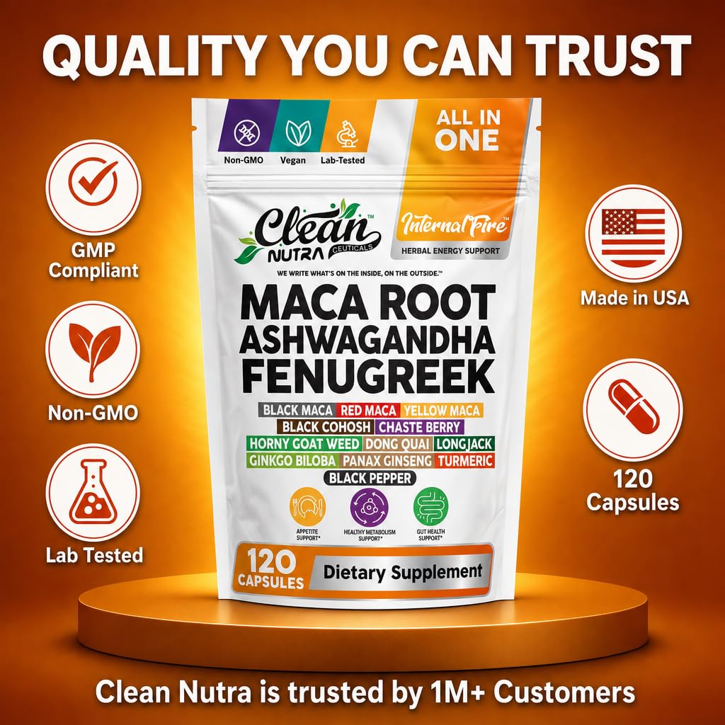 Clean Nutraceuticals Ashwagandha Maca Root Fenugreek Supplement with Tongkat Ali Ginseng - Assists with Stress, Mood & Thyroid - Ashwagandha Capsules Fenugreek Caps (120 Count (Pack of 1))