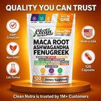 Clean Nutraceuticals Ashwagandha Maca Root Fenugreek Supplement with Tongkat Ali Ginseng - Assists with Stress, Mood & Thyroid - Ashwagandha Capsules Fenugreek Caps (120 Count (Pack of 1))