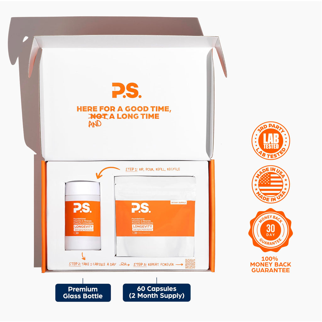 PS Longevity Supplement – Anti-Aging Multivitamin for Men & Women – Premium Methylated B Vitamins, CoQ10, NR, Urolithin A & Natural Antioxidants – Cellular Health, Energy & Memory – 2 Month Supply